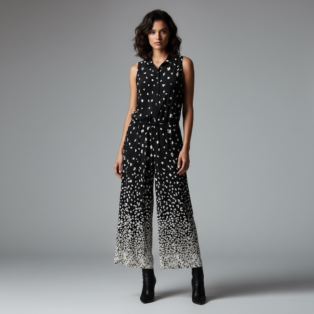 Maggy London Black White Sleeveless Collared Wide Leg Belted Jumpsuit Size 12